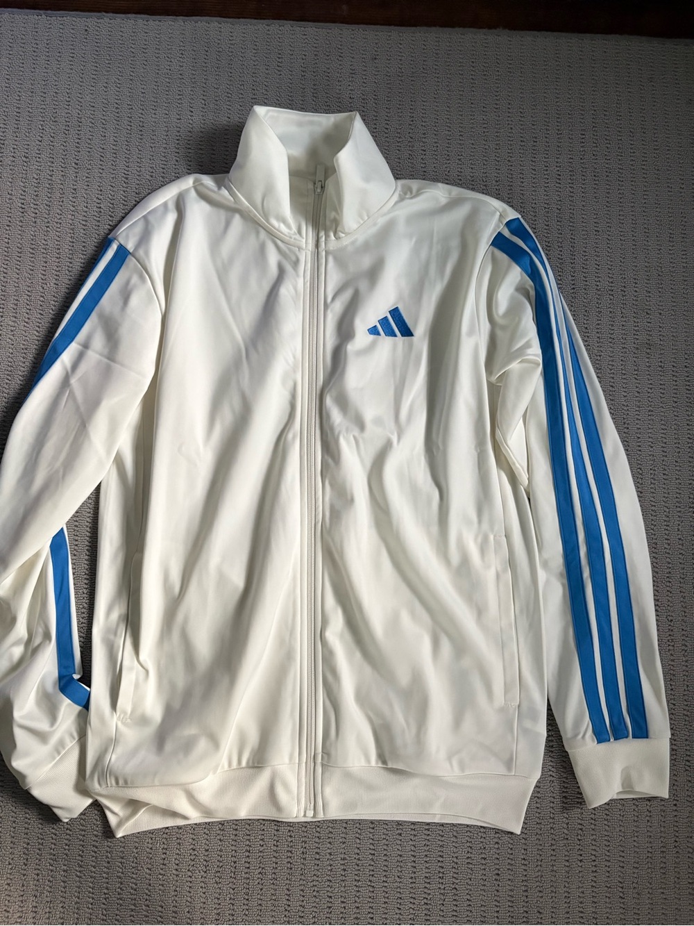 adidas White Full-Zip Performance Jacket with Blue Stripes